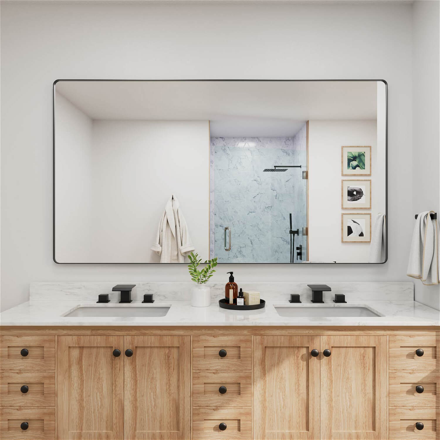 Black framed rectangular bathroom mirror for double vanity