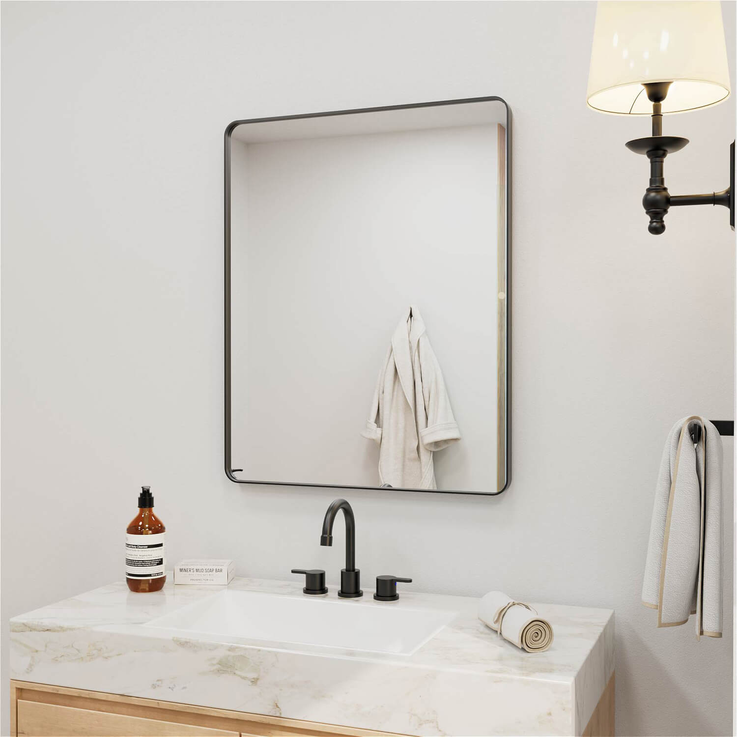 Black framed rectangular bathroom mirror with modern style