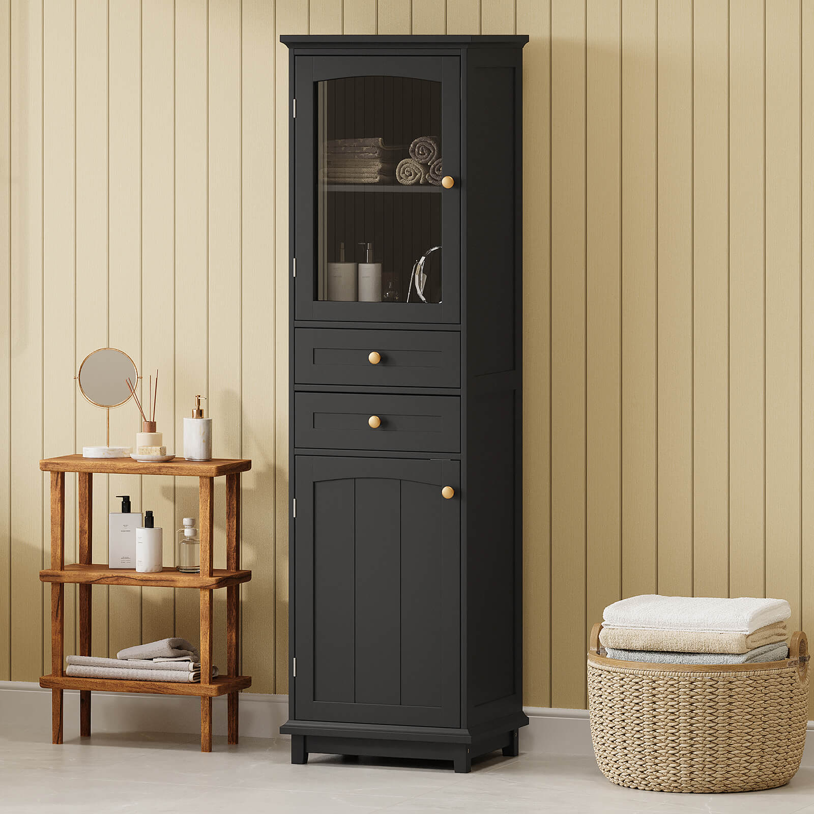 Black freestanding cabinet for towels and toiletries