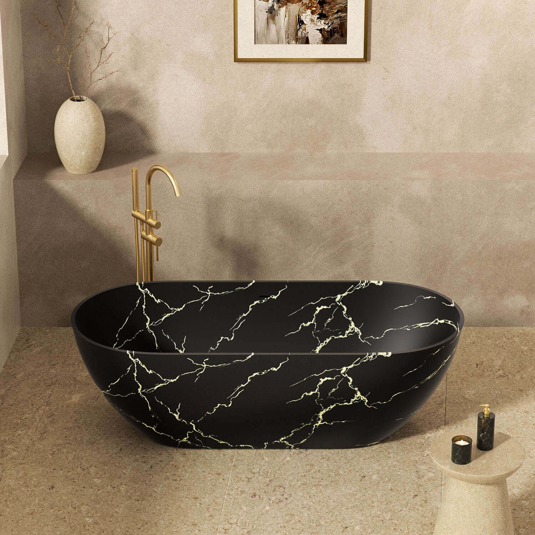 Black marble-inspired soaking tub for modern spa bathroom