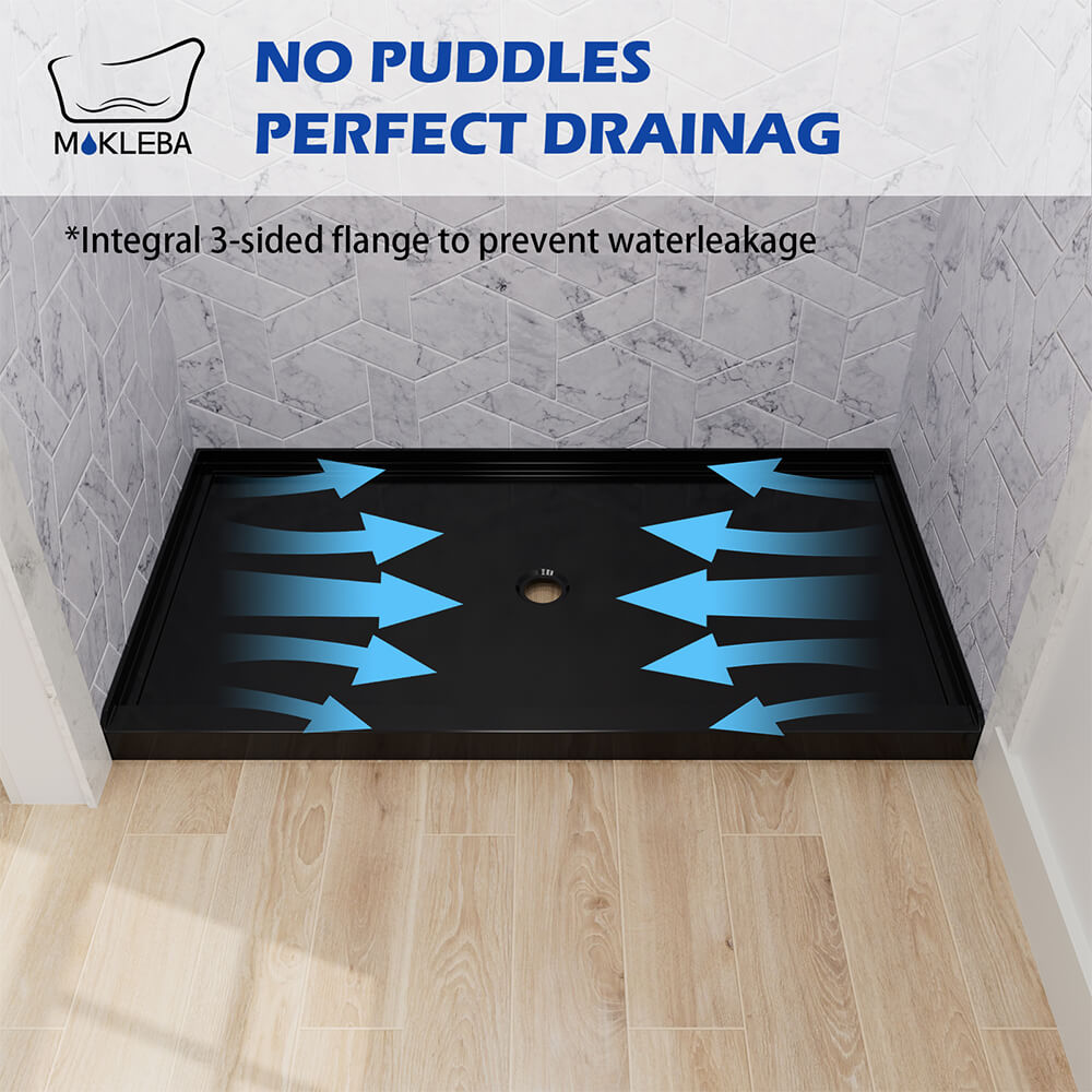 Black shower base with 3-sided flange design for secure alcove shower installation