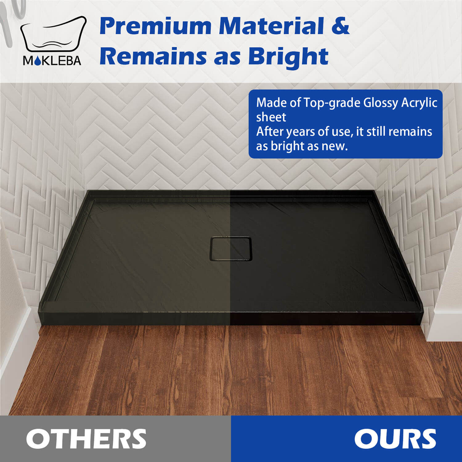 Black slip-resistant shower base with easy-clean acrylic surface