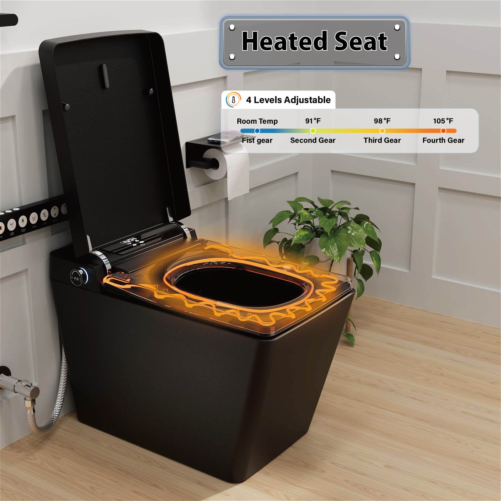 Square Smart Bidet Toilet with Water Tank, Radar Sensor, Heated Seat, Drying Function