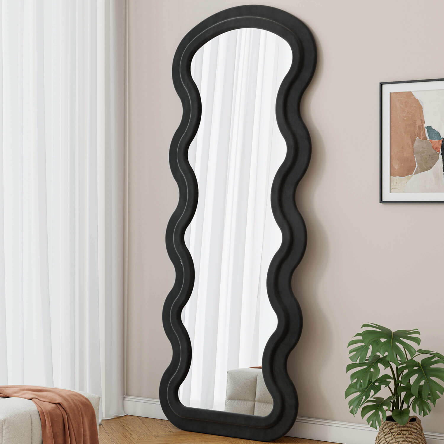 Black wavy flannel mirror for living room wall decor