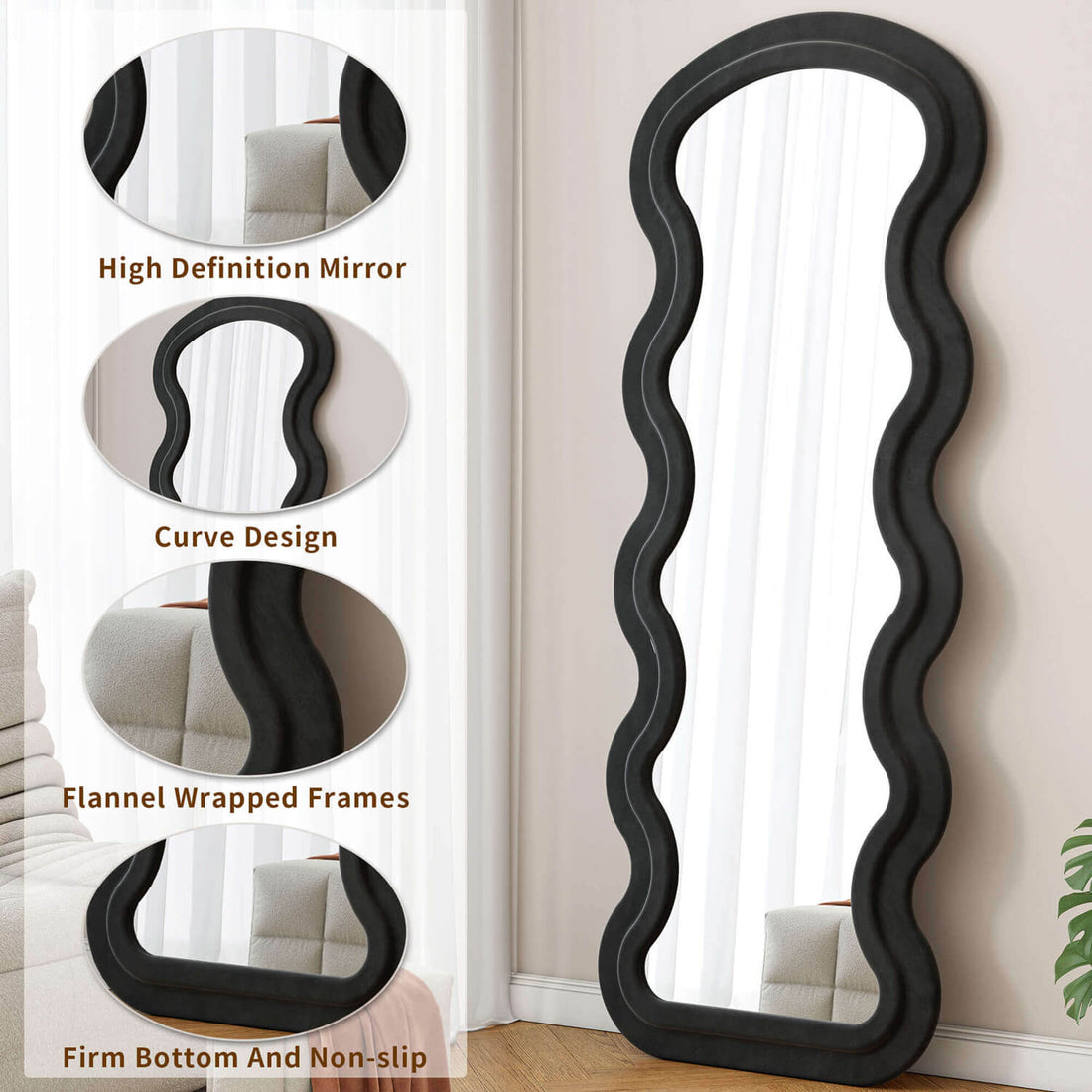 Black wavy flannel mirror with HD glass and non slip base