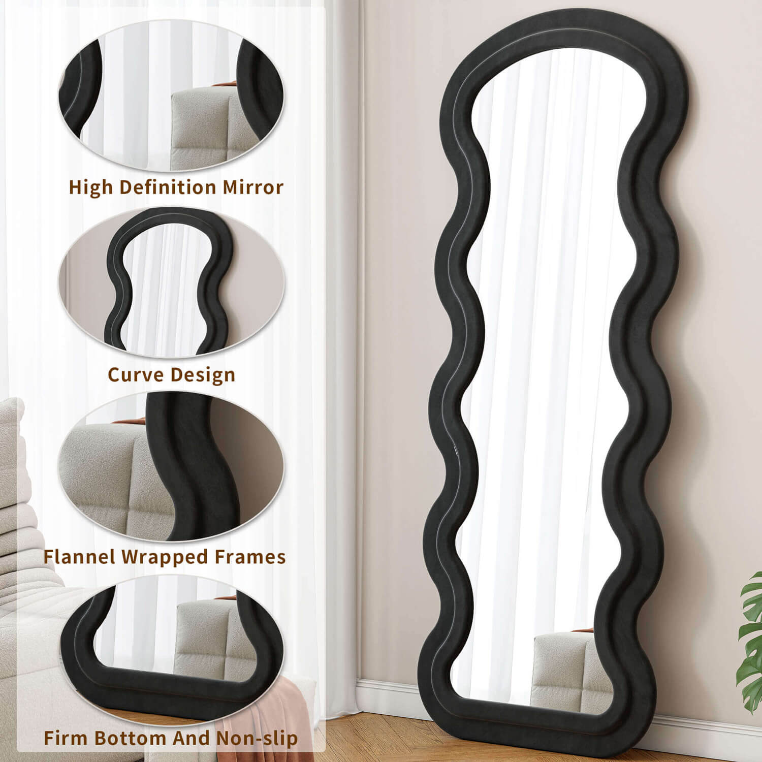 Black wavy flannel mirror with HD glass and non slip base