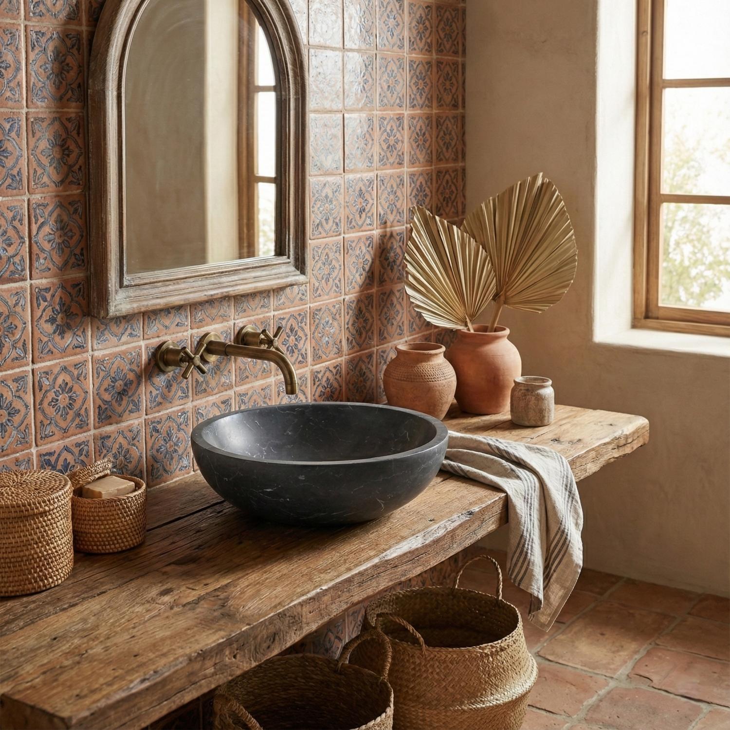 16" Dark Gray Marble Round Above-Counter Bathroom Sink