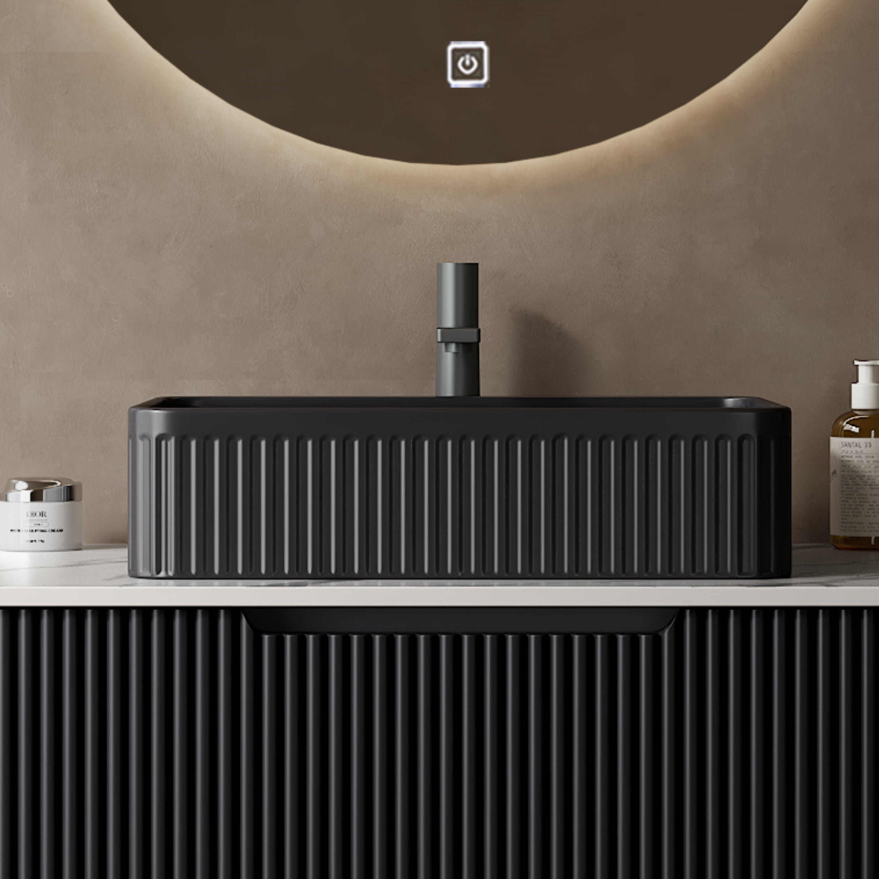 Black rectangular ceramic above-counter bathroom sink with a full front vertical ribbed exterior above-counter installation design