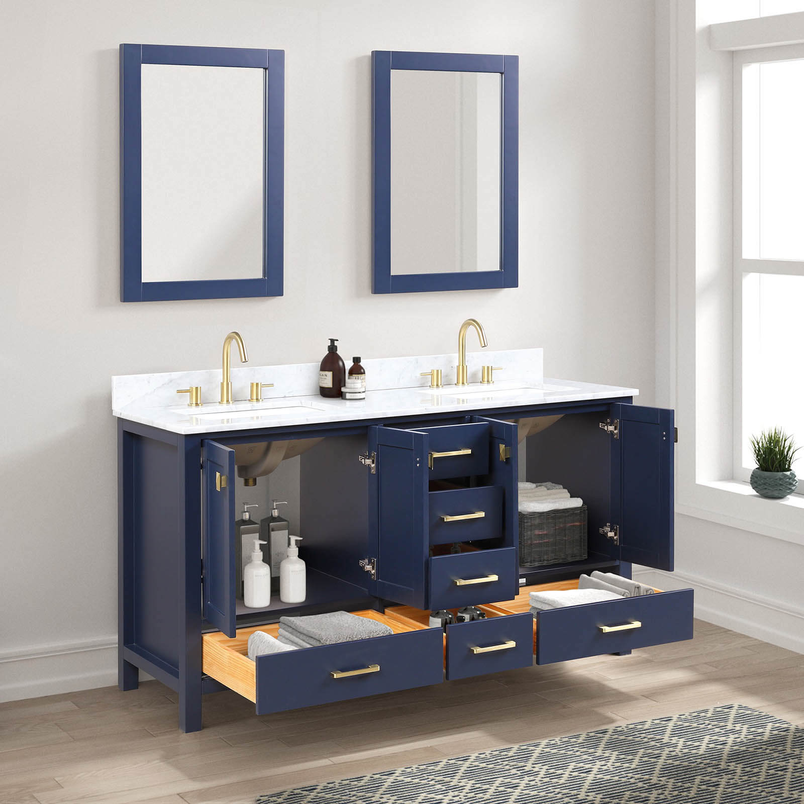 Blossom 60" Freestanding Double Sink Vanity with Drawers and Carrara Marble Countertop
