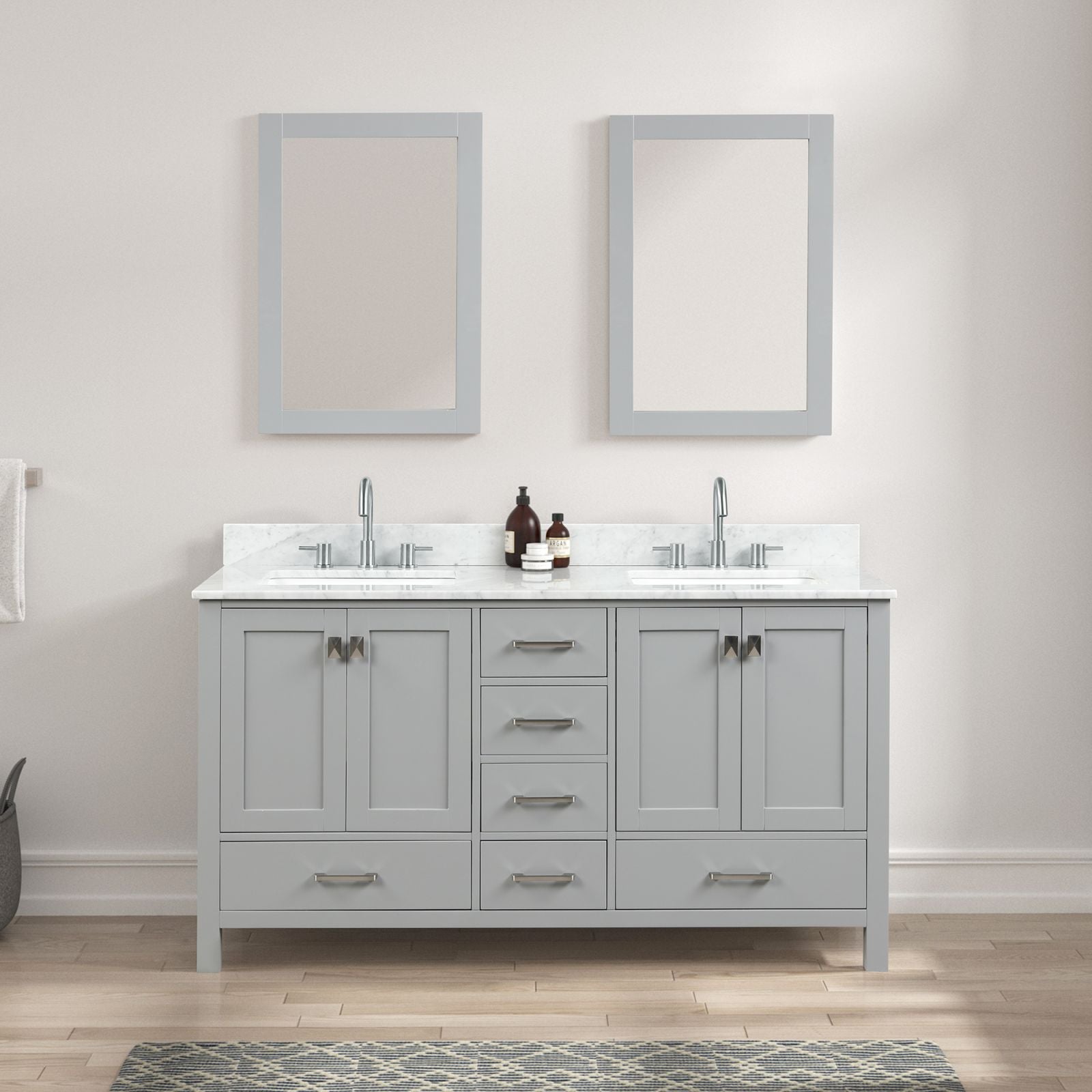 Blossom 60" Gray Freestanding Double Sink Vanity with Drawers and Carrara Marble Counter top with Mirrors
