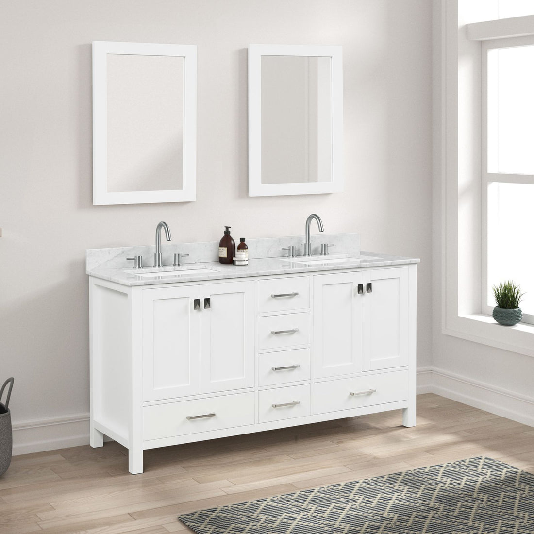 Blossom 60" White Freestanding Double Sink Vanity with Carrara Marble Countertop