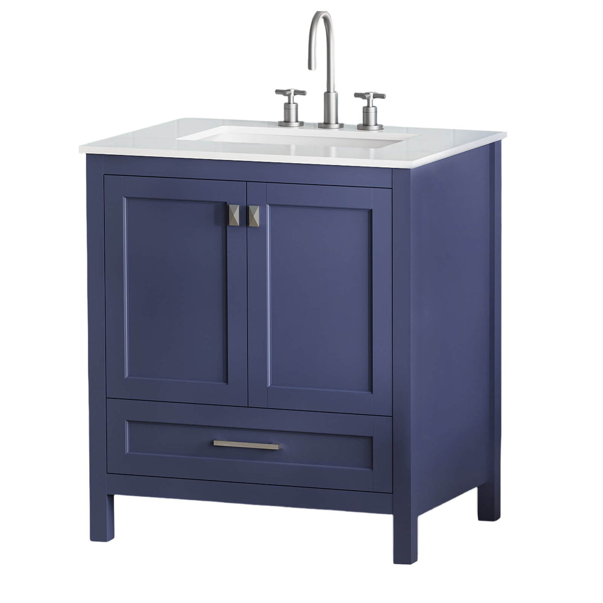 Blue bathroom vanity with engineered stone surface and solid wood frame