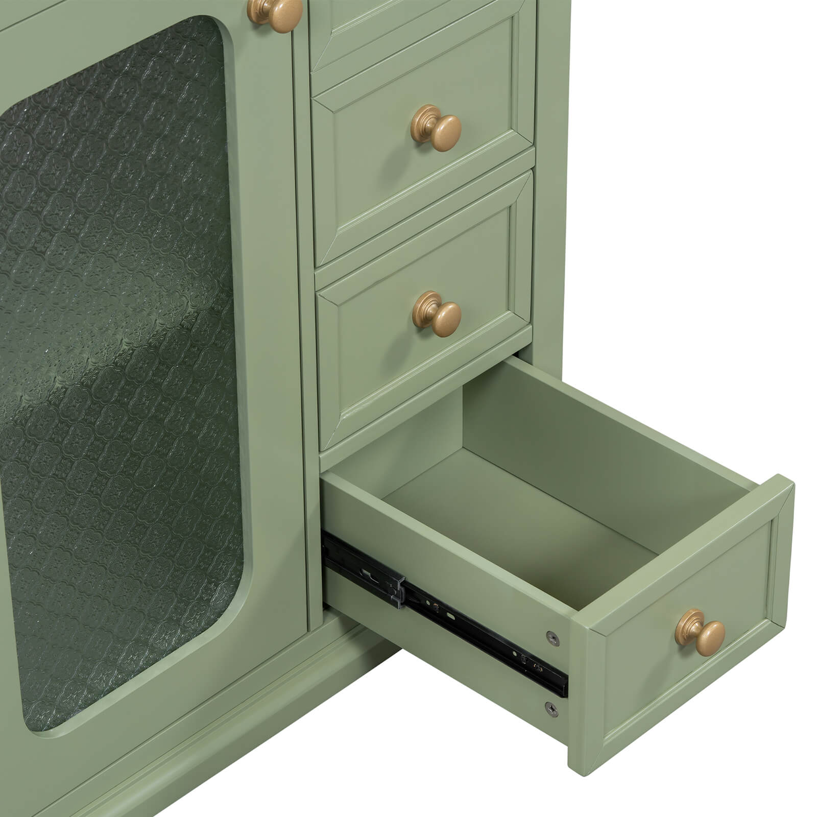 Bottom drawer detail of a 30 inch green bathroom vanity with frosted glass doors