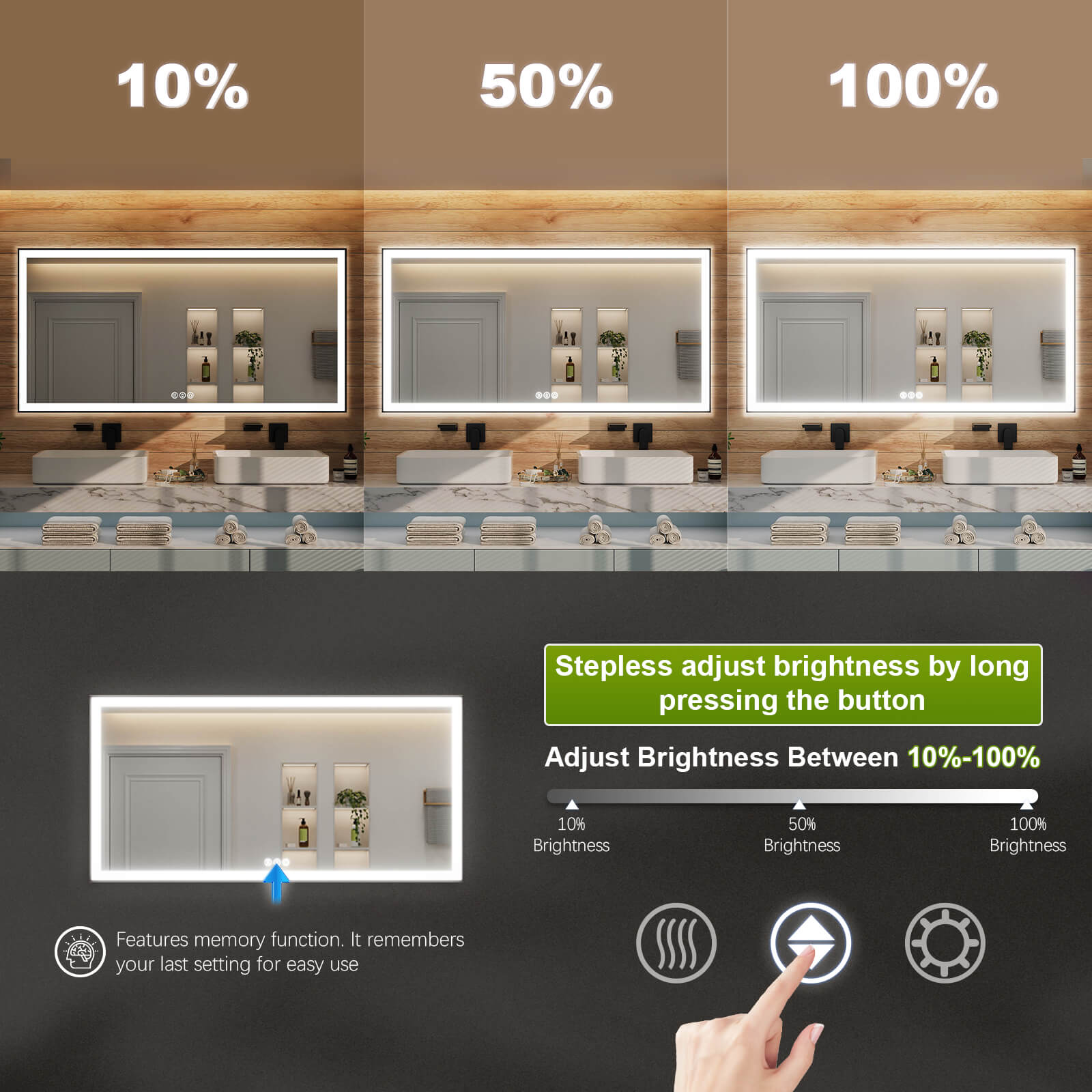 GIVING TREE 40"/48"/55" LED Bathroom Mirror with Black Frame, Anti-Fog, Shatter-Proof, Memory, 3 Colors