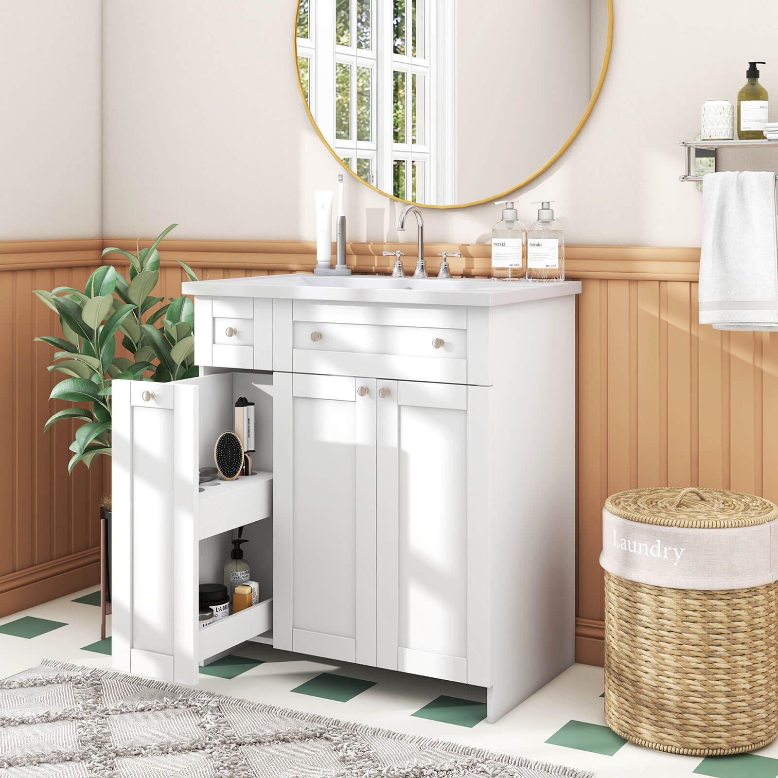 Bright white bathroom vanity with spacious storage