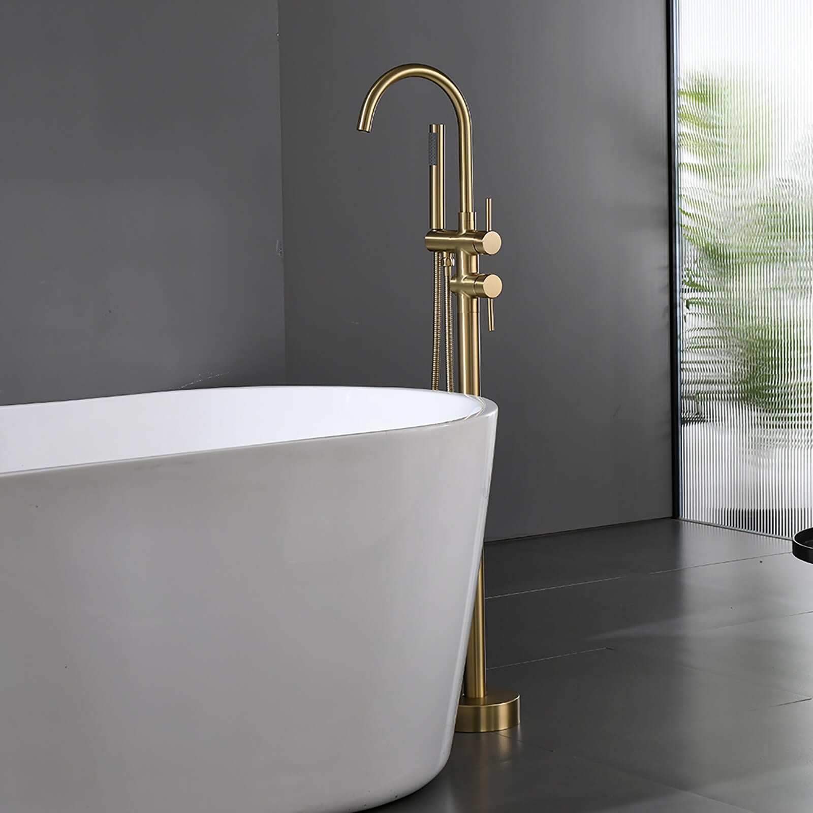 Brushed Gold Freestanding Tub Faucet with Dual Handles and Hand Shower