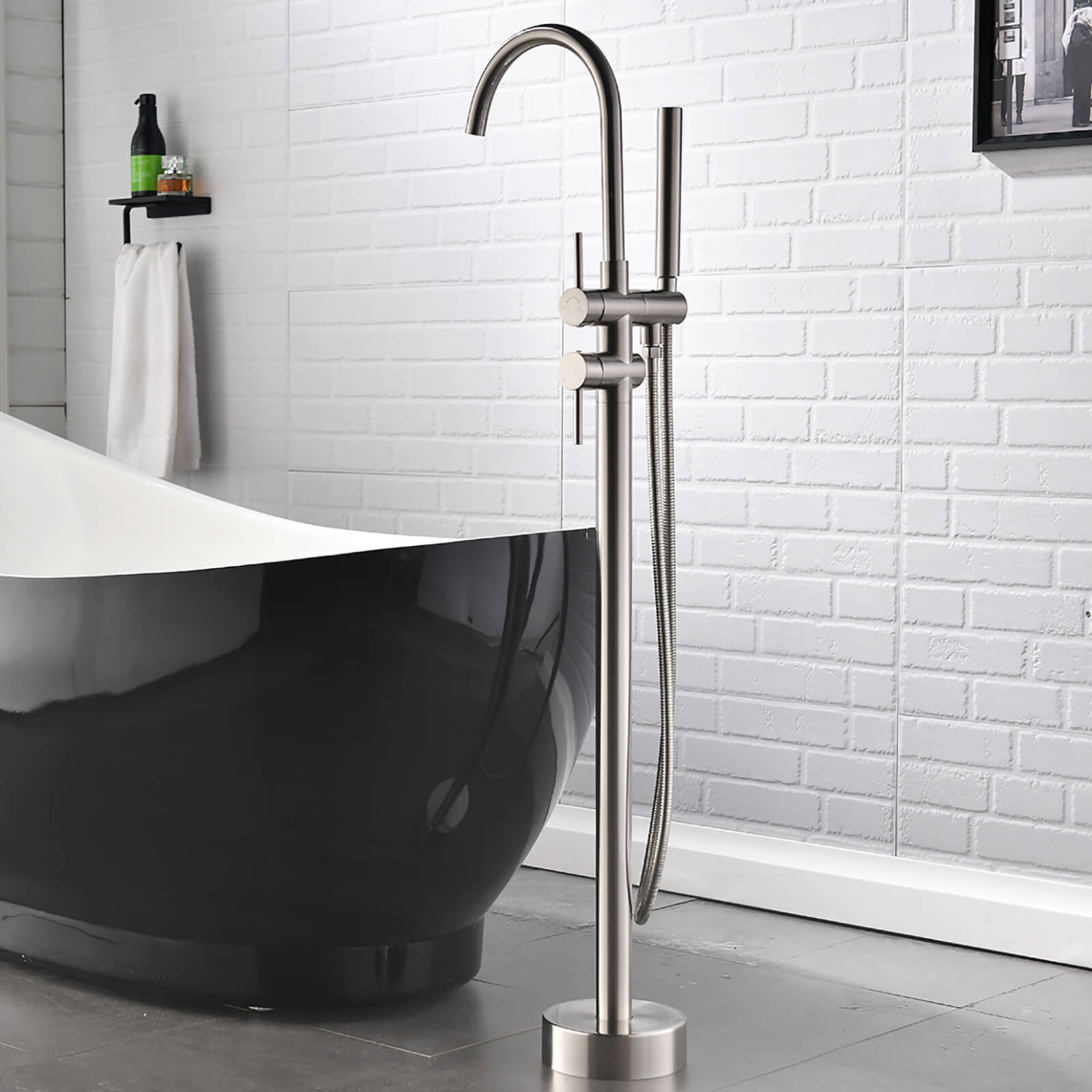 Brushed Nickel Freestanding Tub Faucet with Dual Handles and Hand Shower
