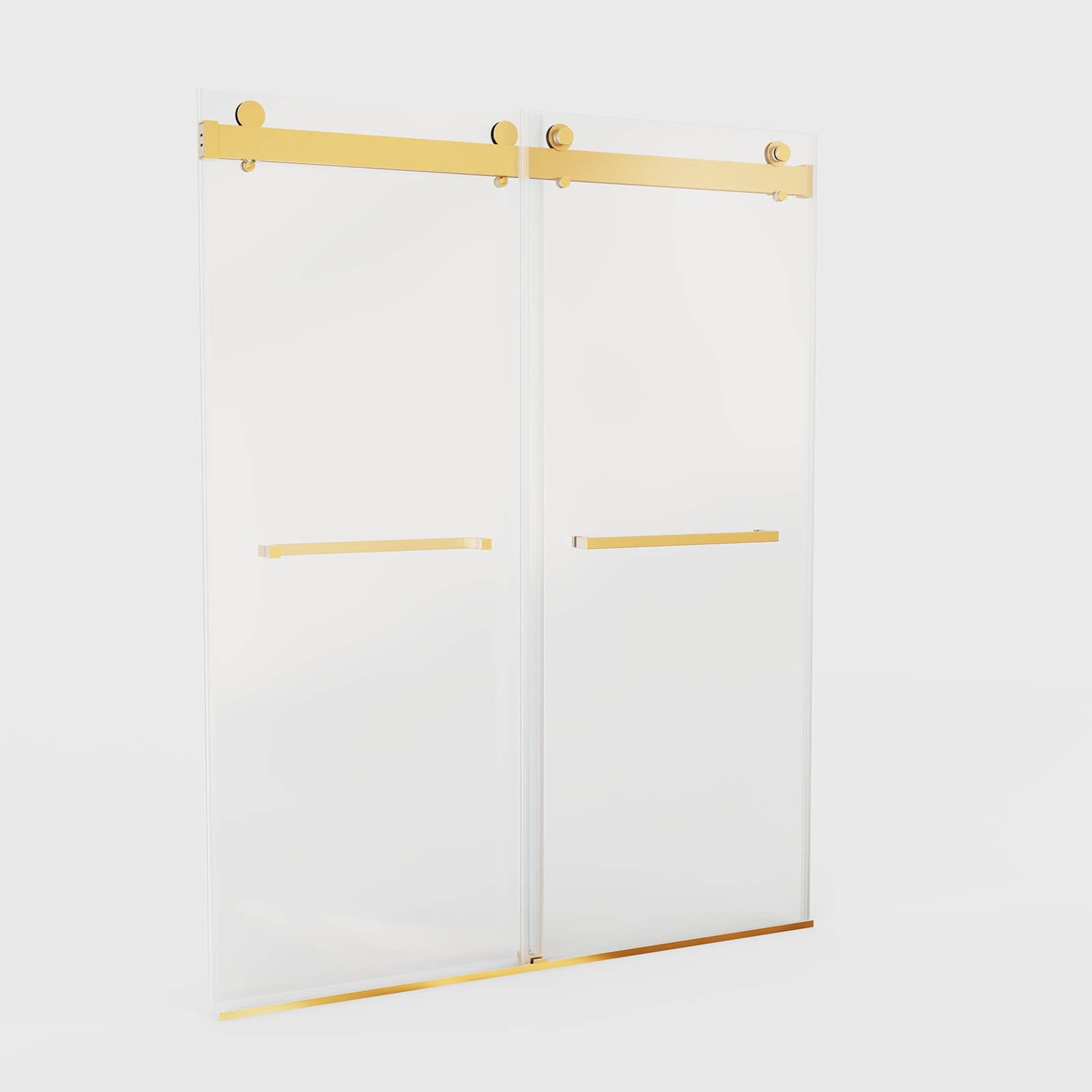Brushed gold double sliding shower door in luxury bathroom