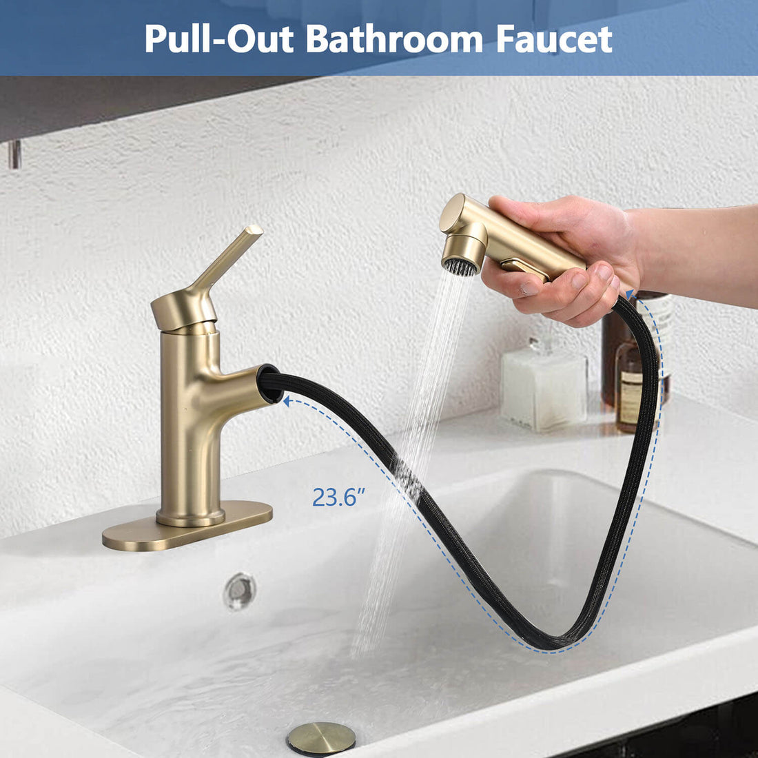 Brushed Gold Pull-Down Bathroom Faucet with 23.6 inch hose