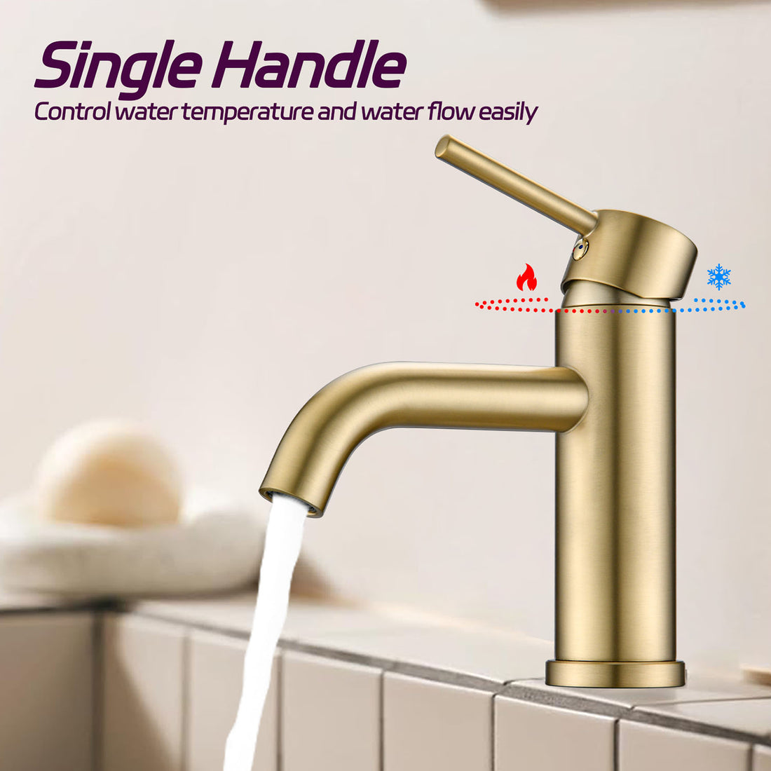 Brushed Gold Single Handle Single Hole Bathroom Faucet can easily adjust the water flow and temperature