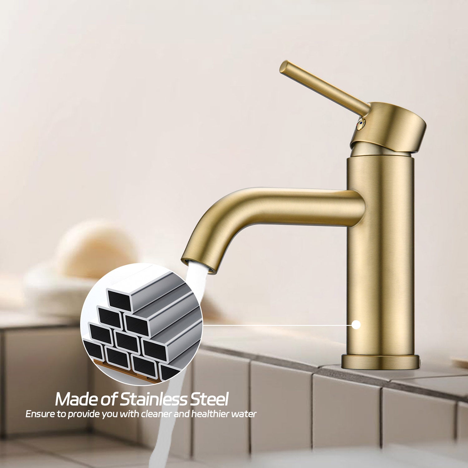 Brushed Gold Single Handle Single Hole Bathroom Faucet is made of stainless steel