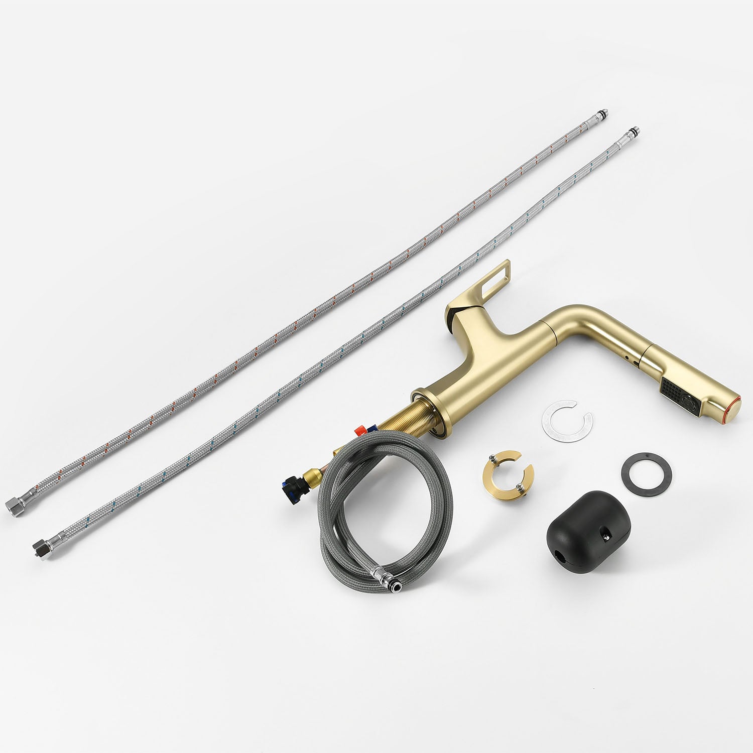 Brushed Gold Single Hole Bathroom Faucet with install fittings and hoses