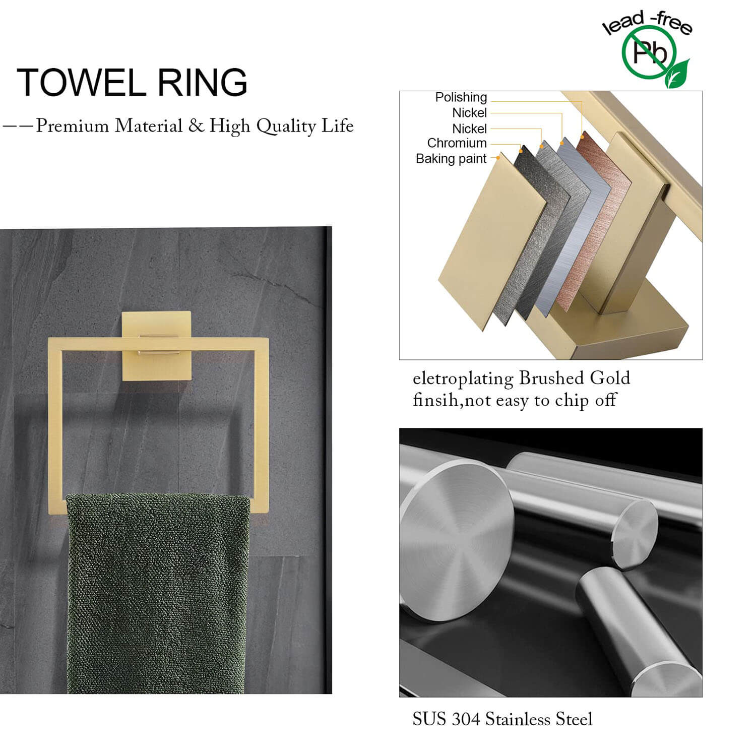 Brushed Gold Stainless Steel Bathroom towel ring