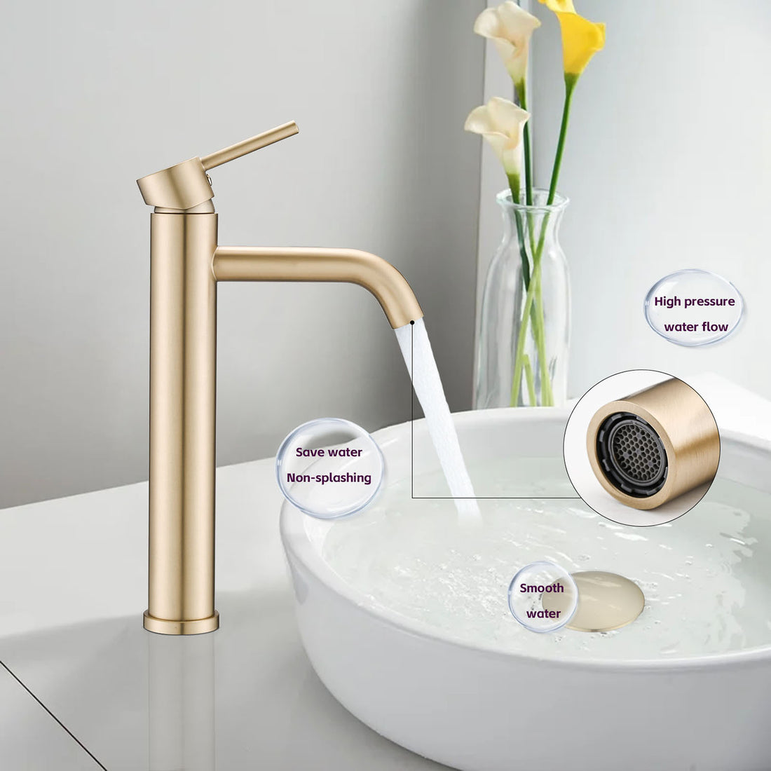 Brushed Gold Tall Single Hole Bathroom Faucet with built-in aerator