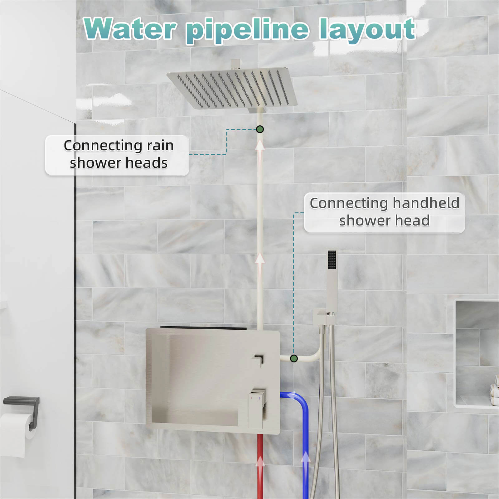 12" Rain Head Shower System with Shower Niche and Handheld, Wall Mount