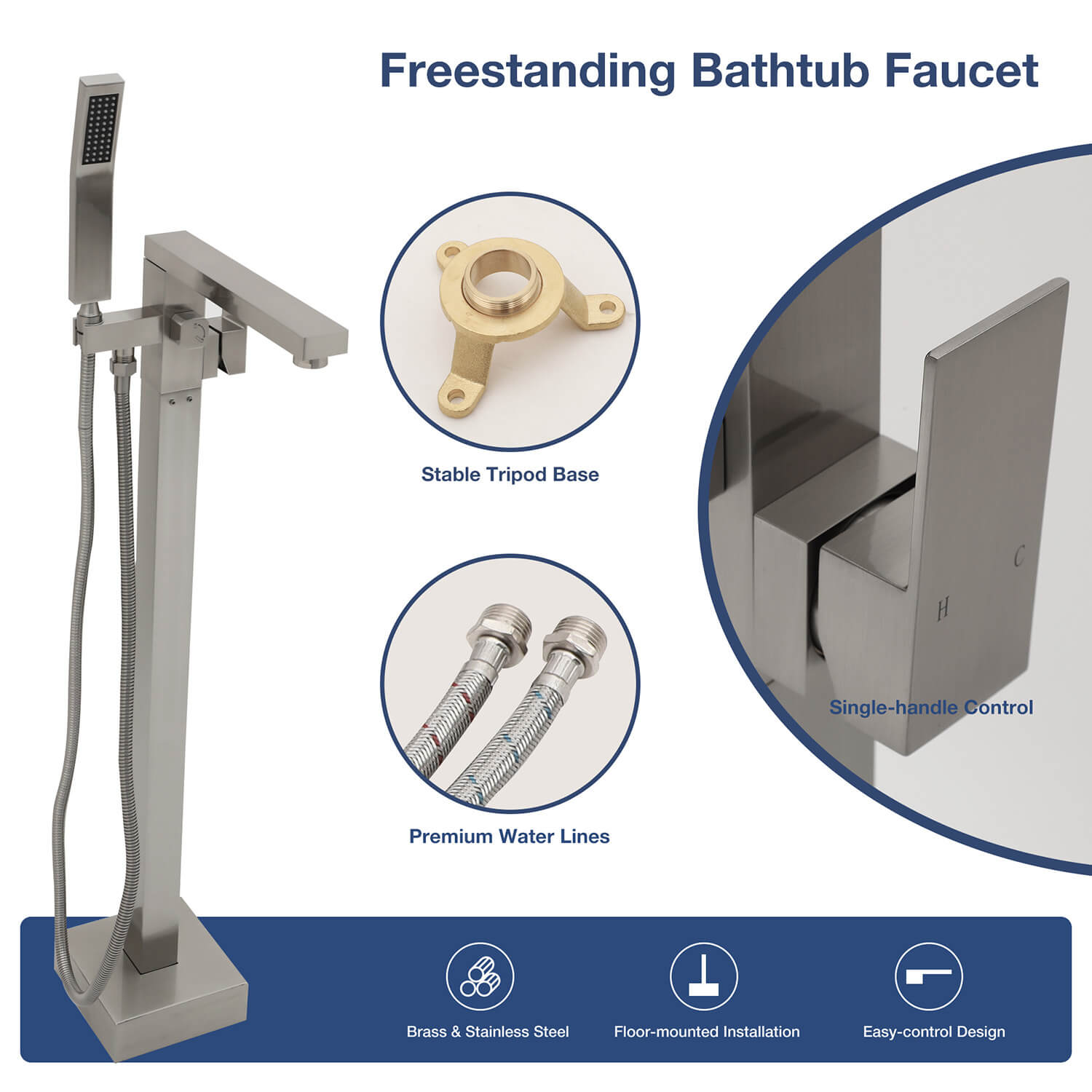 360° Rotation Freestanding Tub Filler Faucet with Hand Shower, Brushed Nickel & Brushed Gold