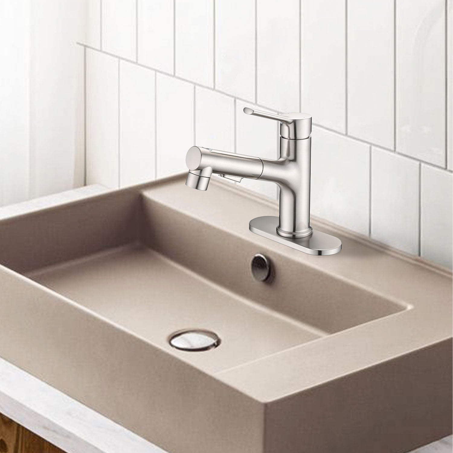 Brushed Nickel Pull-Down Bathroom Faucet with Pop-Up Drain and Deck Plate