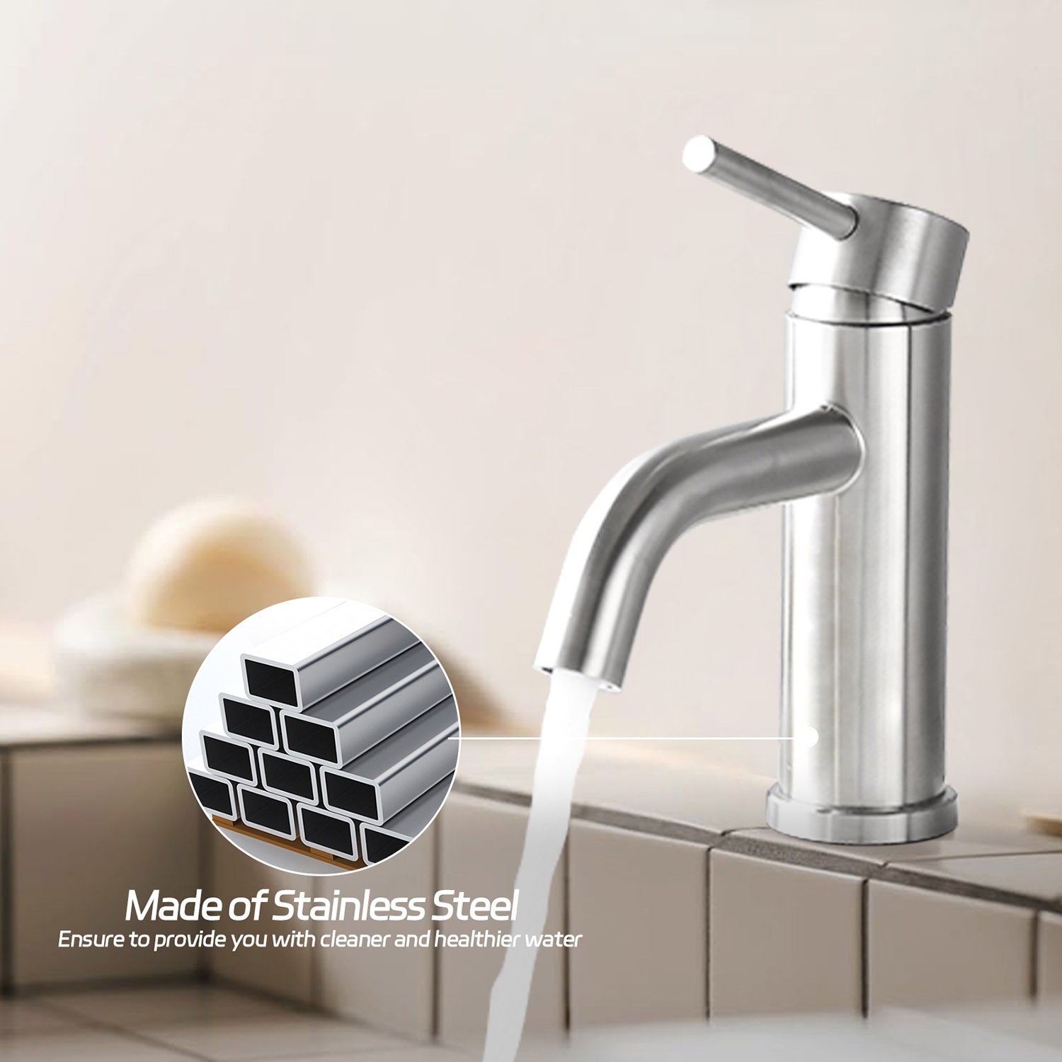 Brushed Nickel Single Handle Bathroom Faucet made of stainless steel