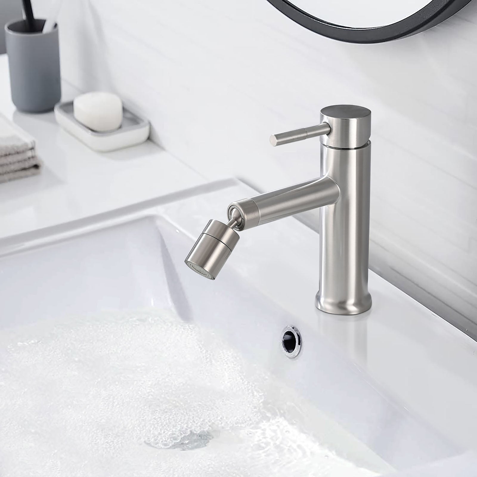 Brushed Nickel Sink Faucet with 2 Mode 360° Rotating Aerator
