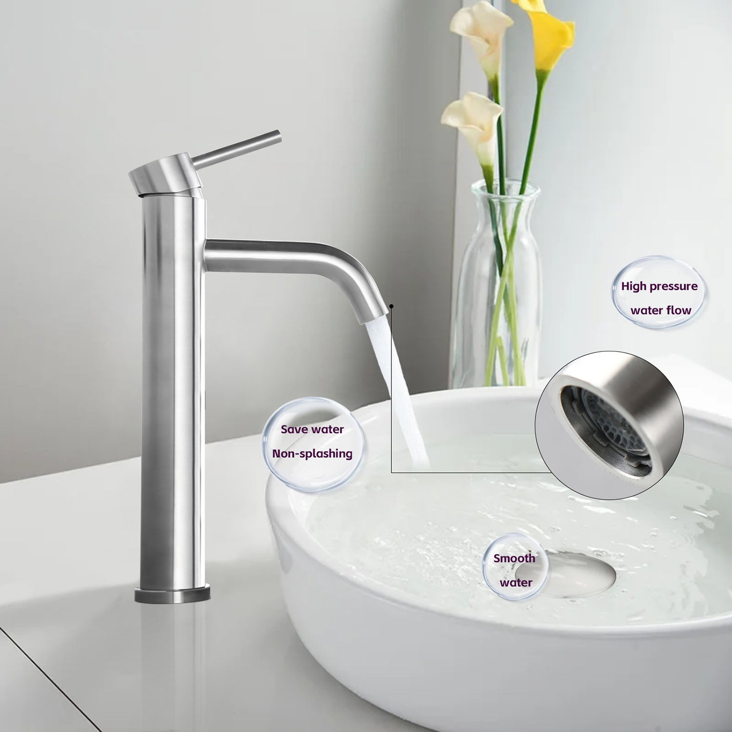 Brushed Nickel Tall Single Hole Bathroom Faucet with built-in aerator