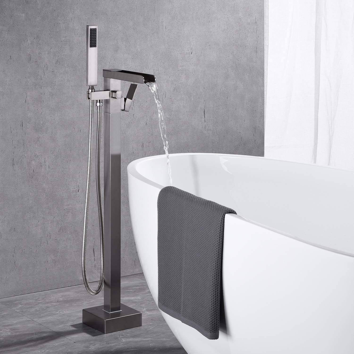 Brushed Nickel Waterfall Freestanding Bathtub Faucet with Hand Shower