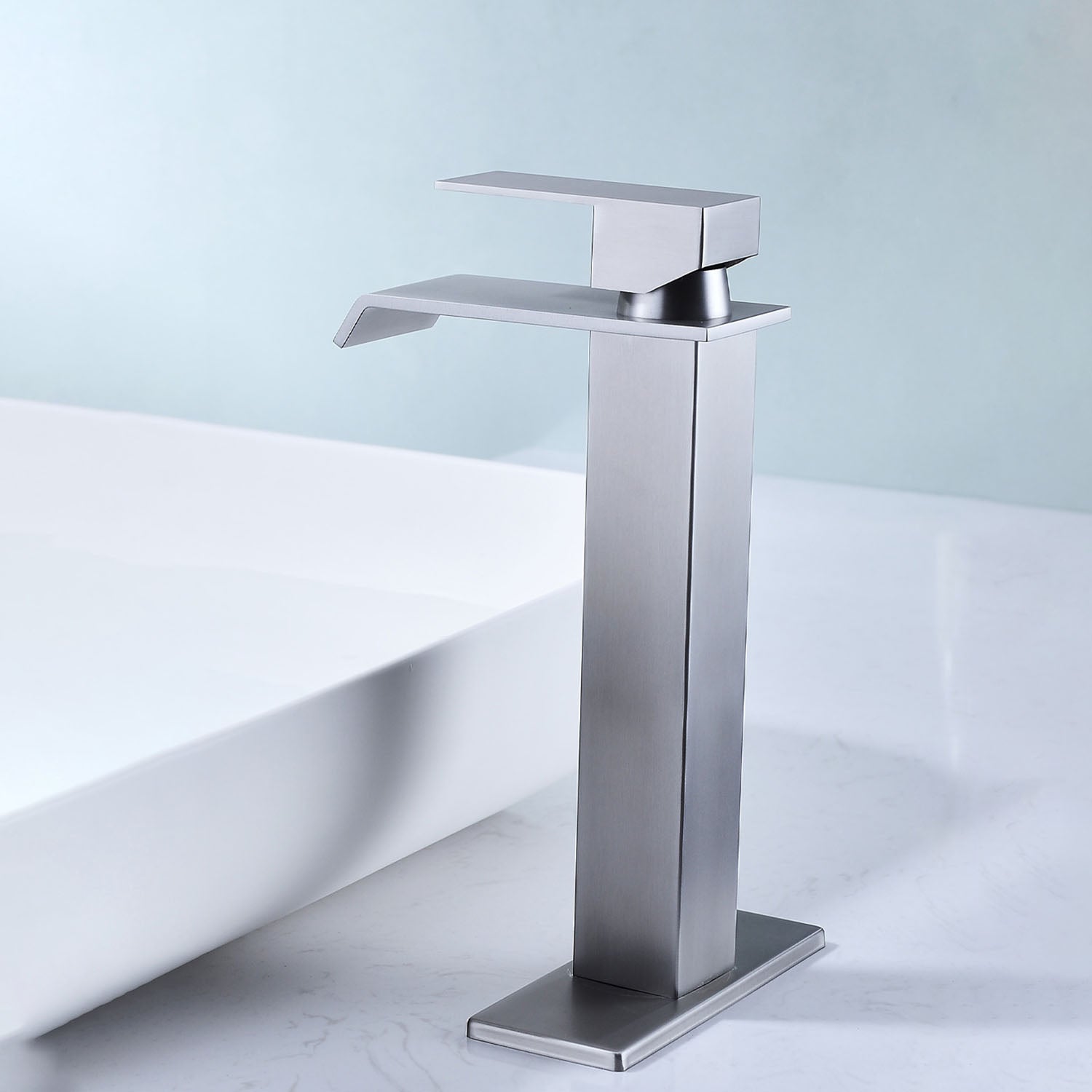 Brushed Nickel Waterfall Spout Single Handle Bathroom Faucet with Deck Plate