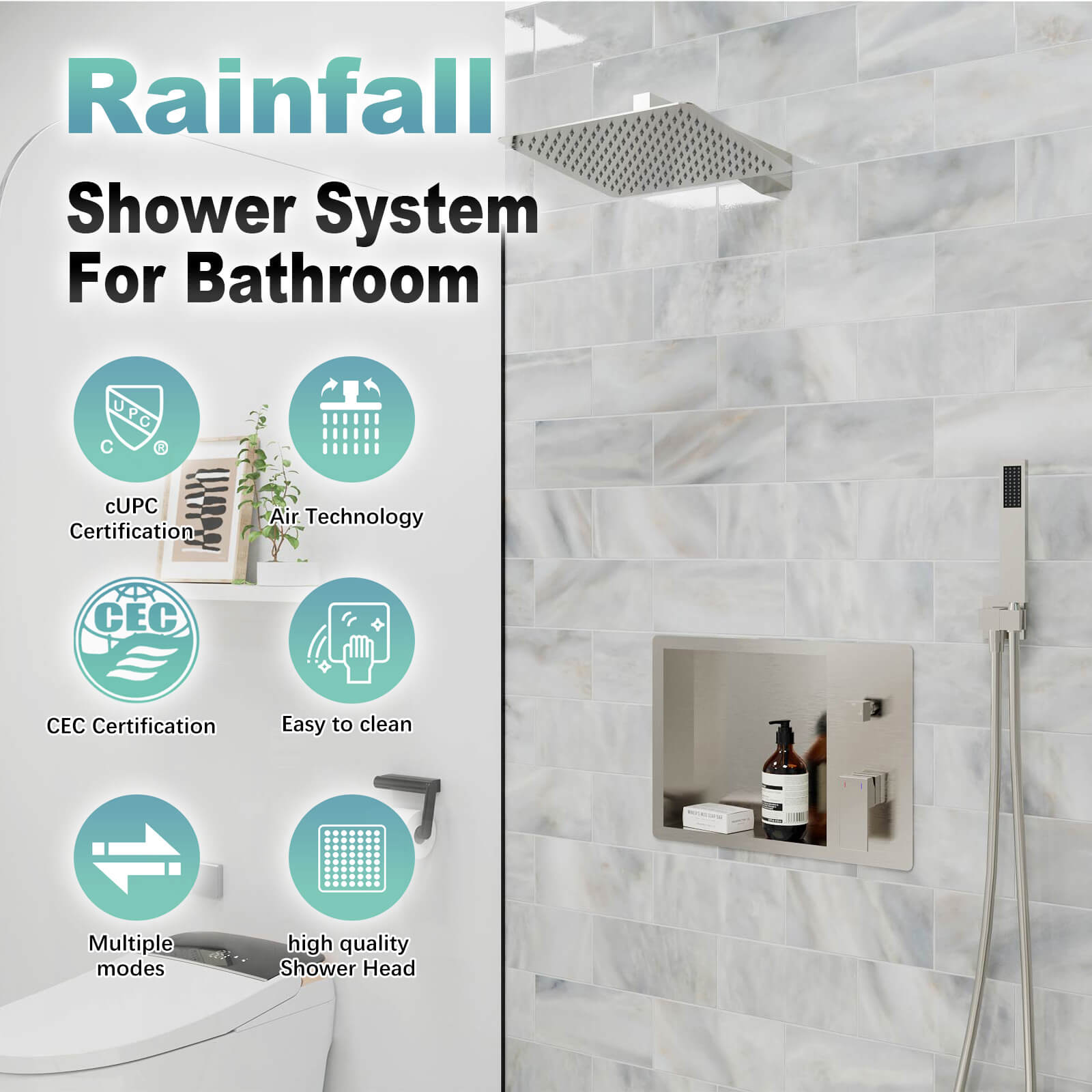 12" Rain Head Shower System with Shower Niche and Handheld, Wall Mount