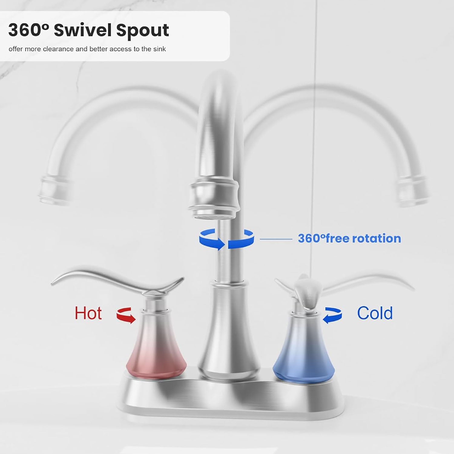 Brushed nickel Bathroom Vanity Sink Faucet with 360-degree swivel spout