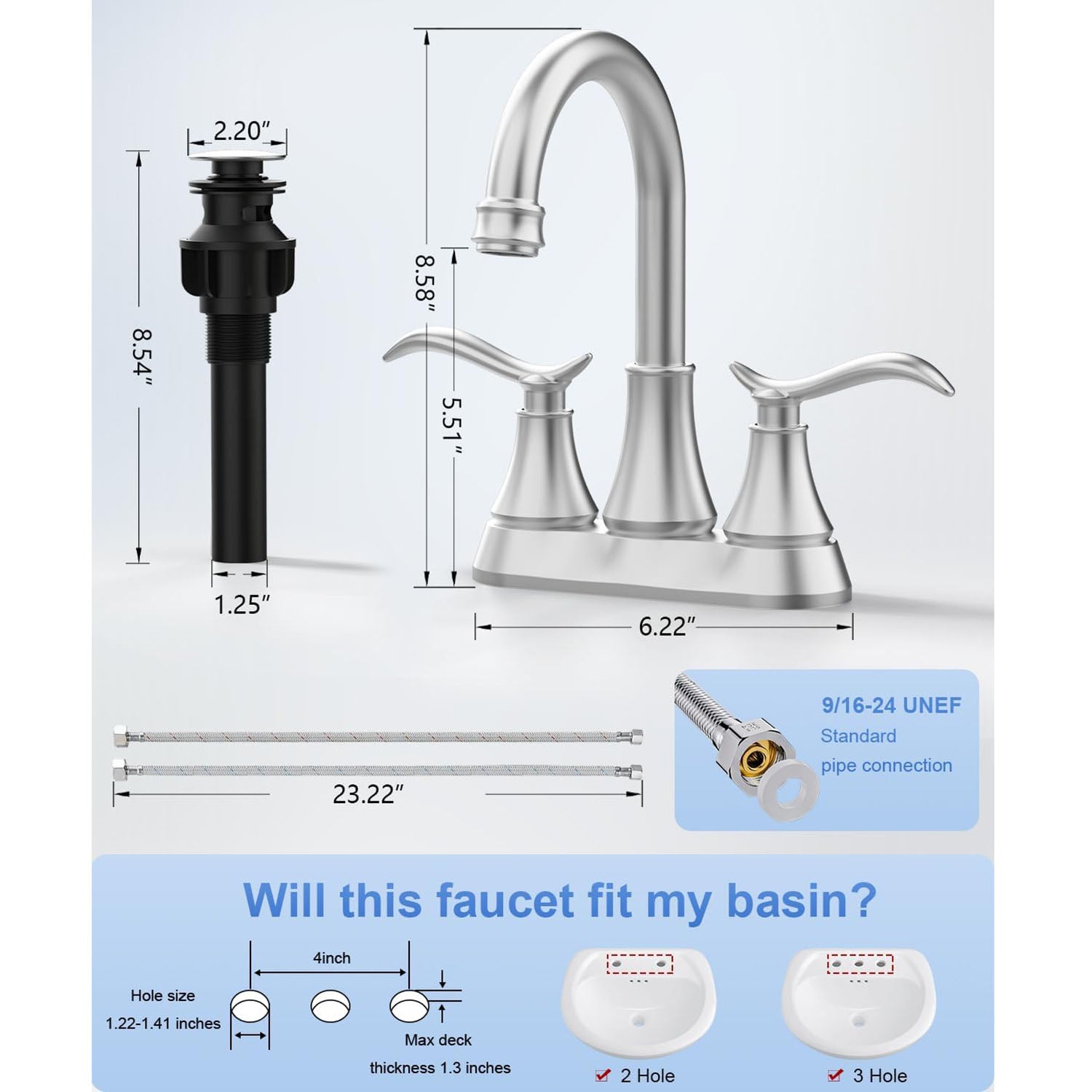 Brushed nickel Bathroom Vanity Sink Faucet with dimensions and compatibility details