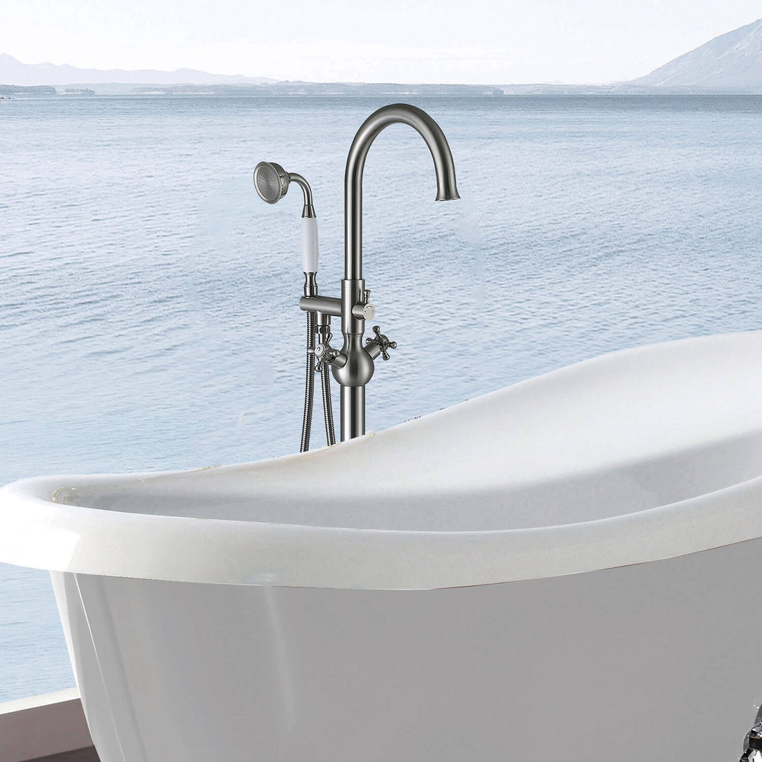 Brushed nickel tub filler with hand shower and dual handle control