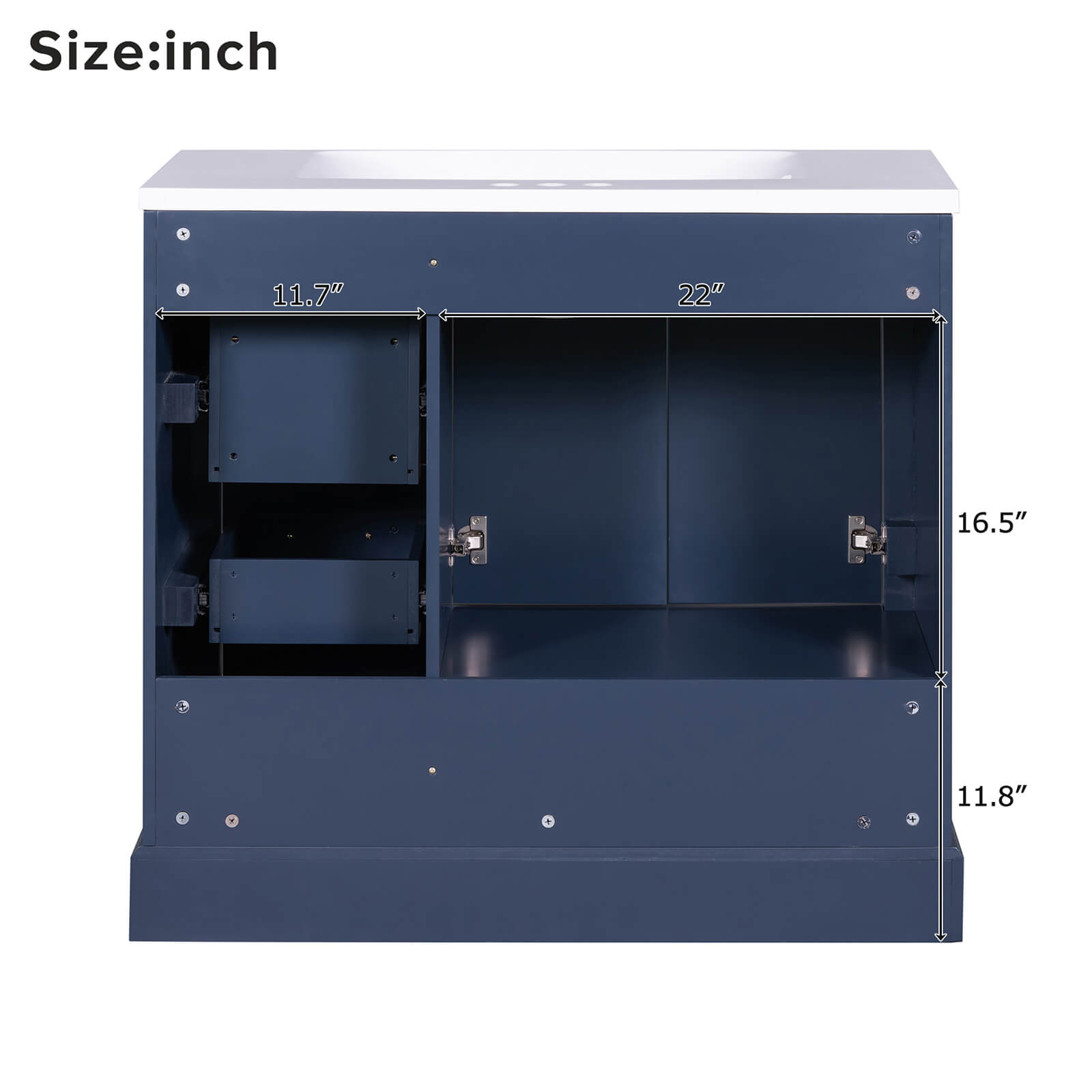 Cabinet Section Dimensions for 36 Inch Traditional Blue Bathroom Vanity with Resin Sink
