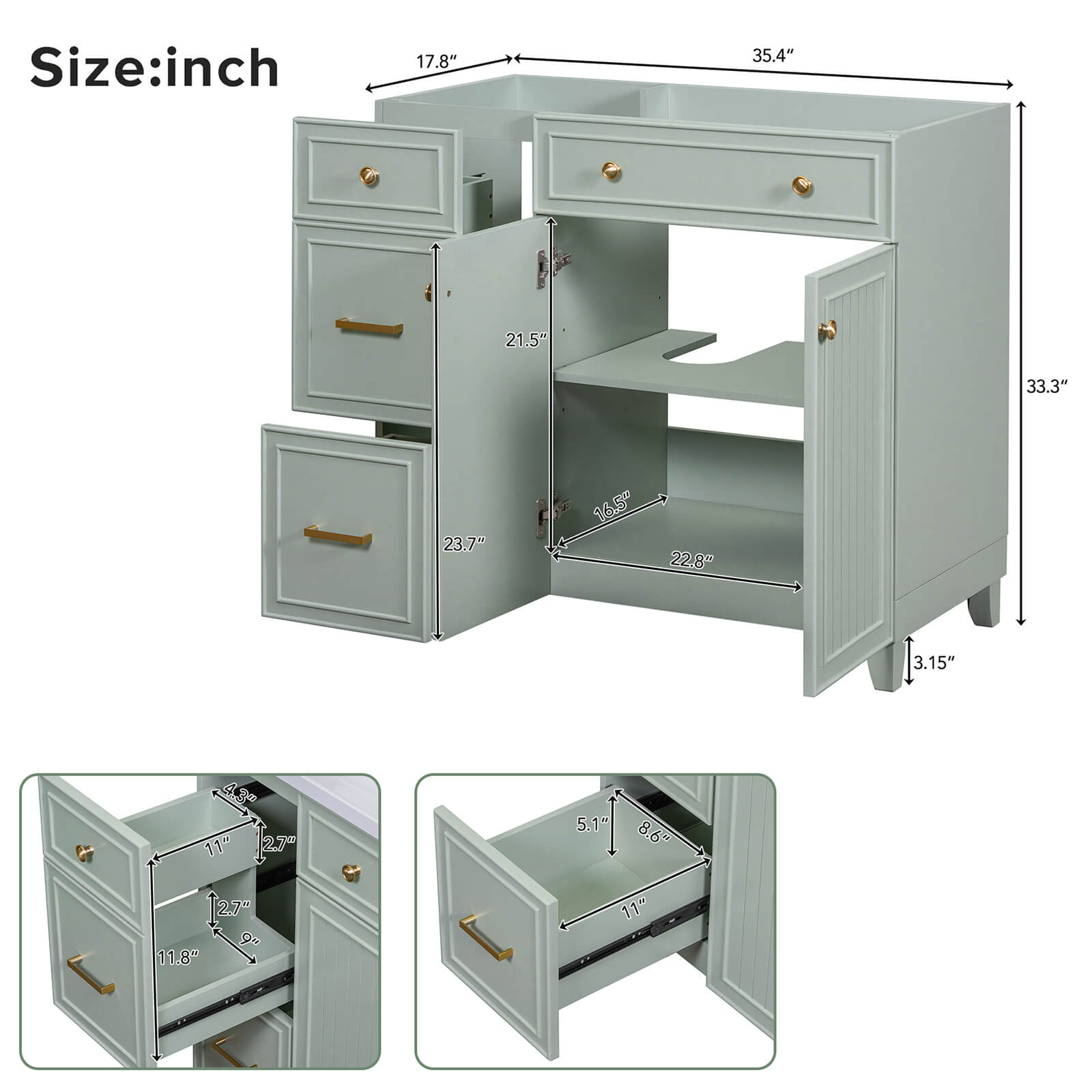 Cabinet dimensions diagram for 36 inch light grey green bathroom vanity cabinet with adjustable shelves
