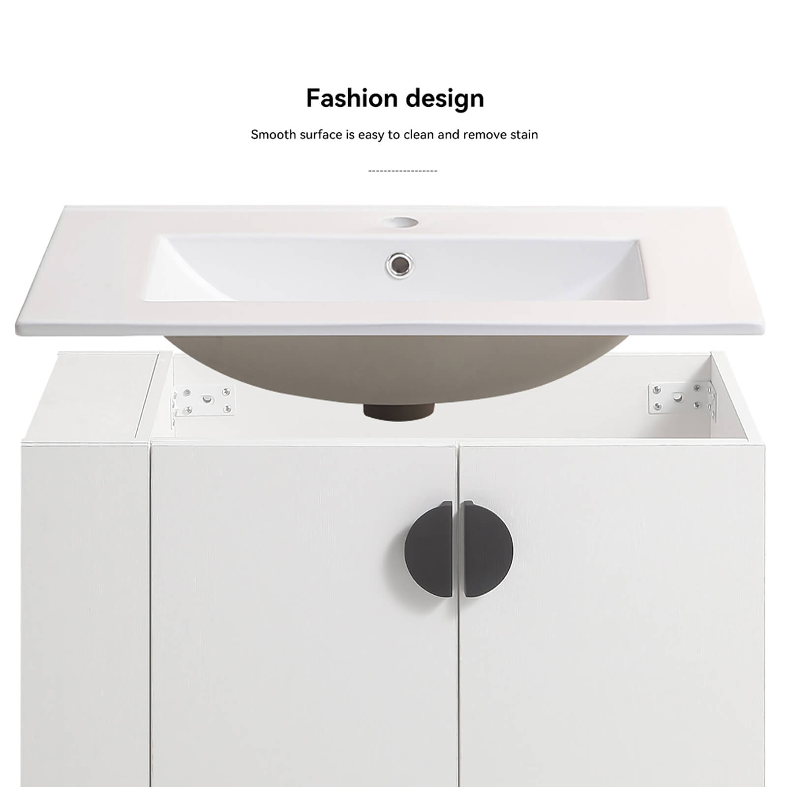 Ceramic sink top on white wall mounted vanity unit