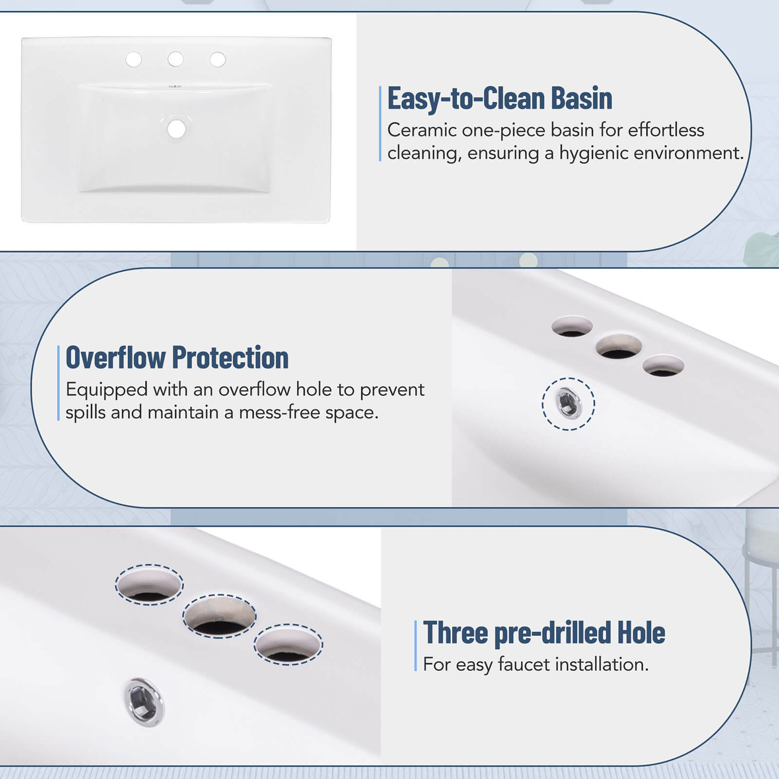 Ceramic sink detail with open shelves 30 inch navy blue freestanding bathroom vanity