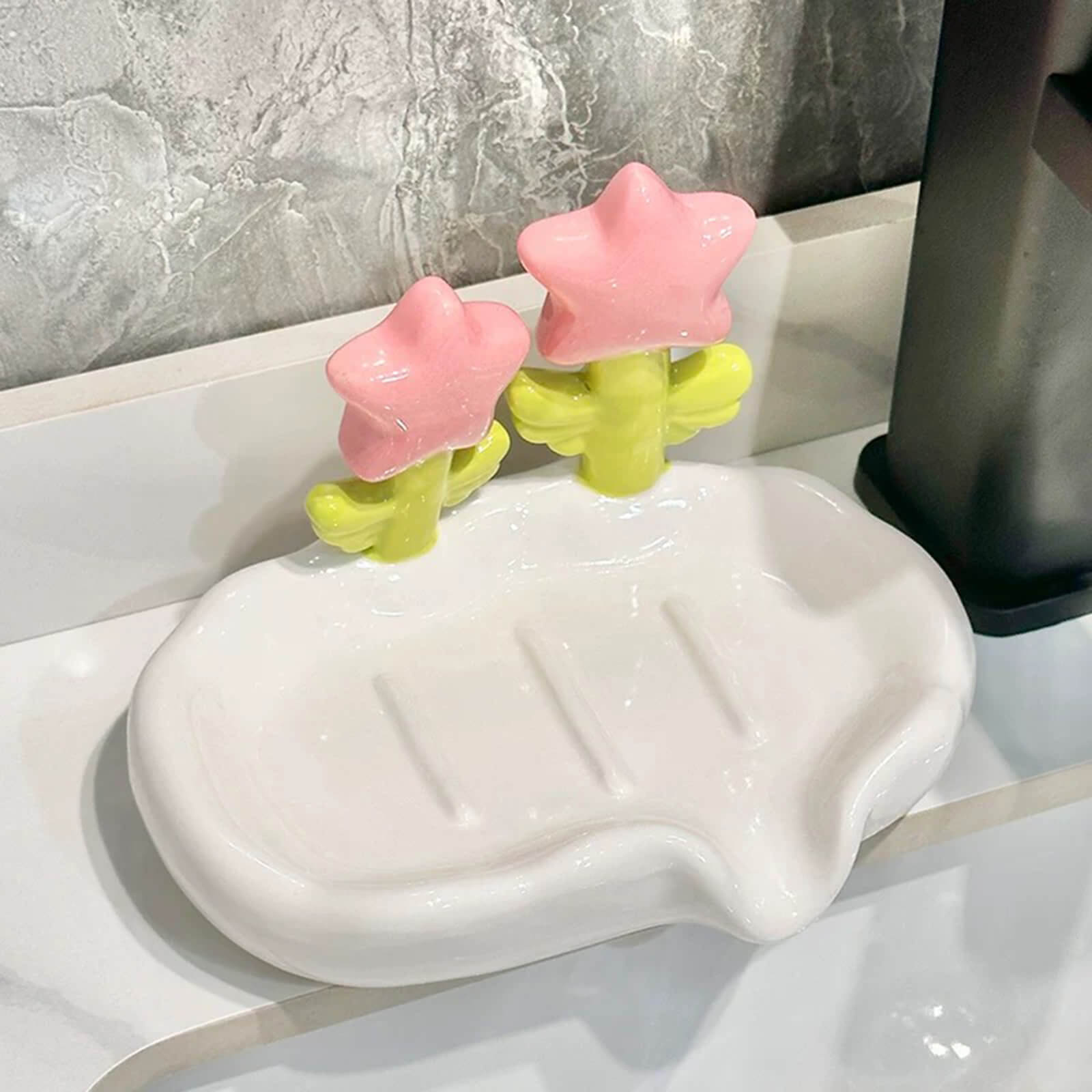Ceramic Flower Shaped Soaps Dish holder with Self Draining Soap Dish for Shower Bathroom