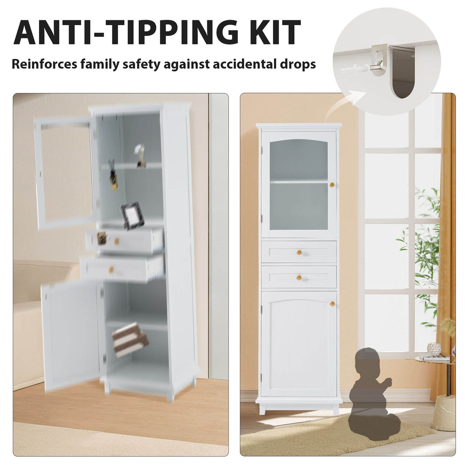 Child-safe bathroom storage cabinet with anti-tip protection