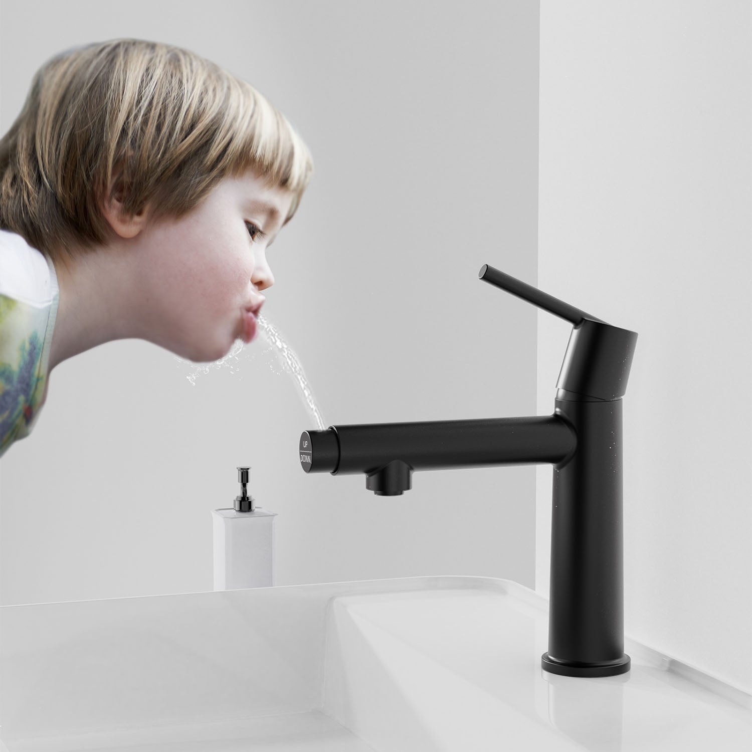 Child drinking water from Matte Black Single Handle Bathroom faucet