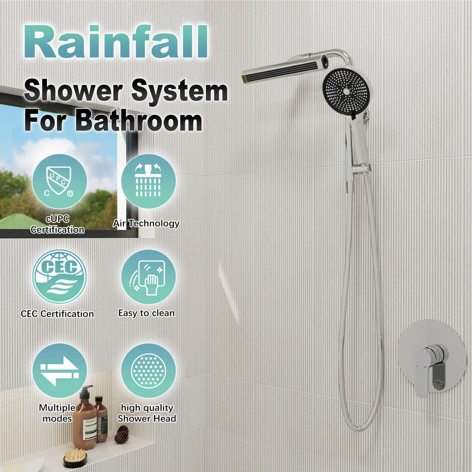 8" Wall Bar Shower Kit with 360° Rotate 3-Spray Cylindrical Shower Head And 6-Spray Handheld