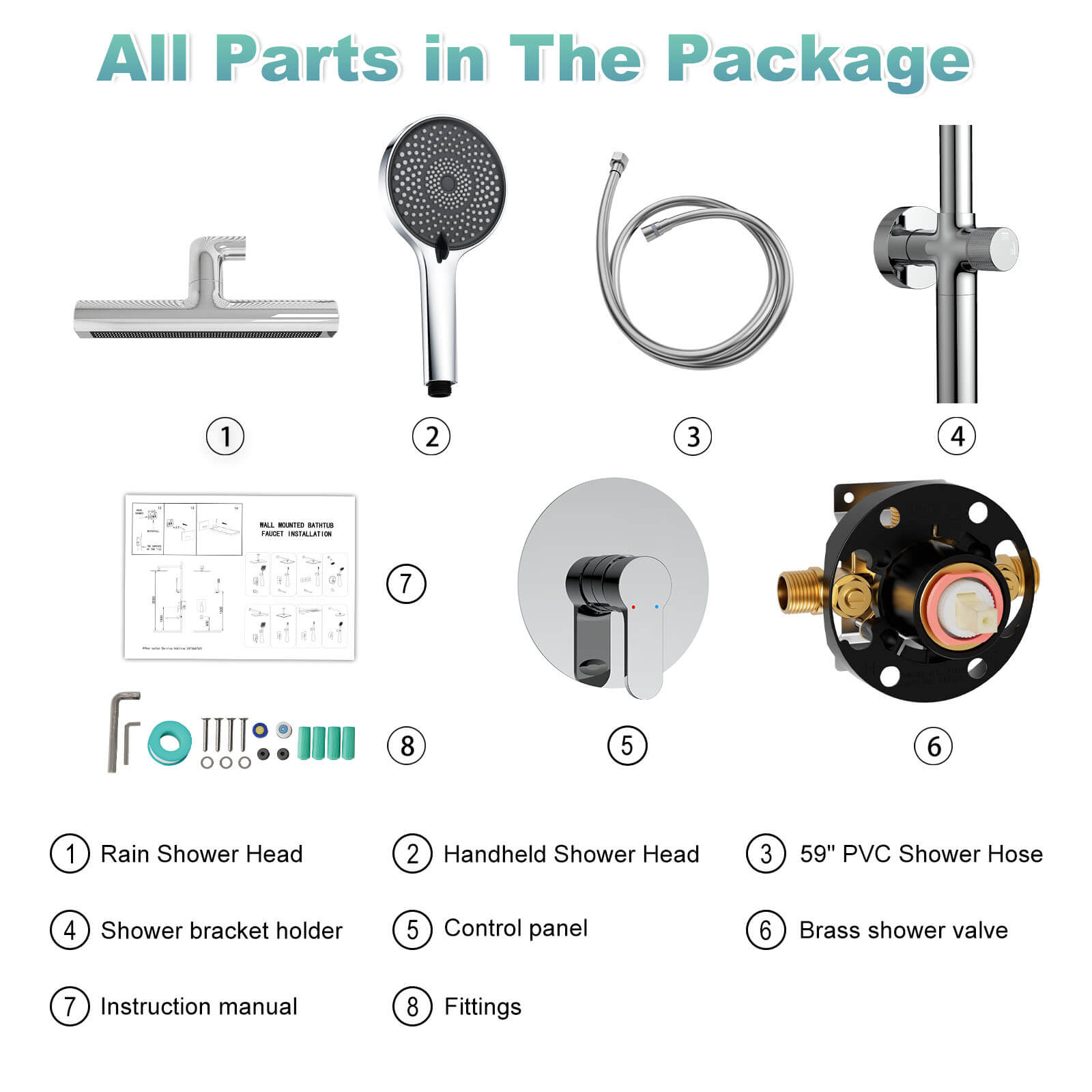 8" Wall Bar Shower Kit with 360° Rotate 3-Spray Cylindrical Shower Head And 6-Spray Handheld
