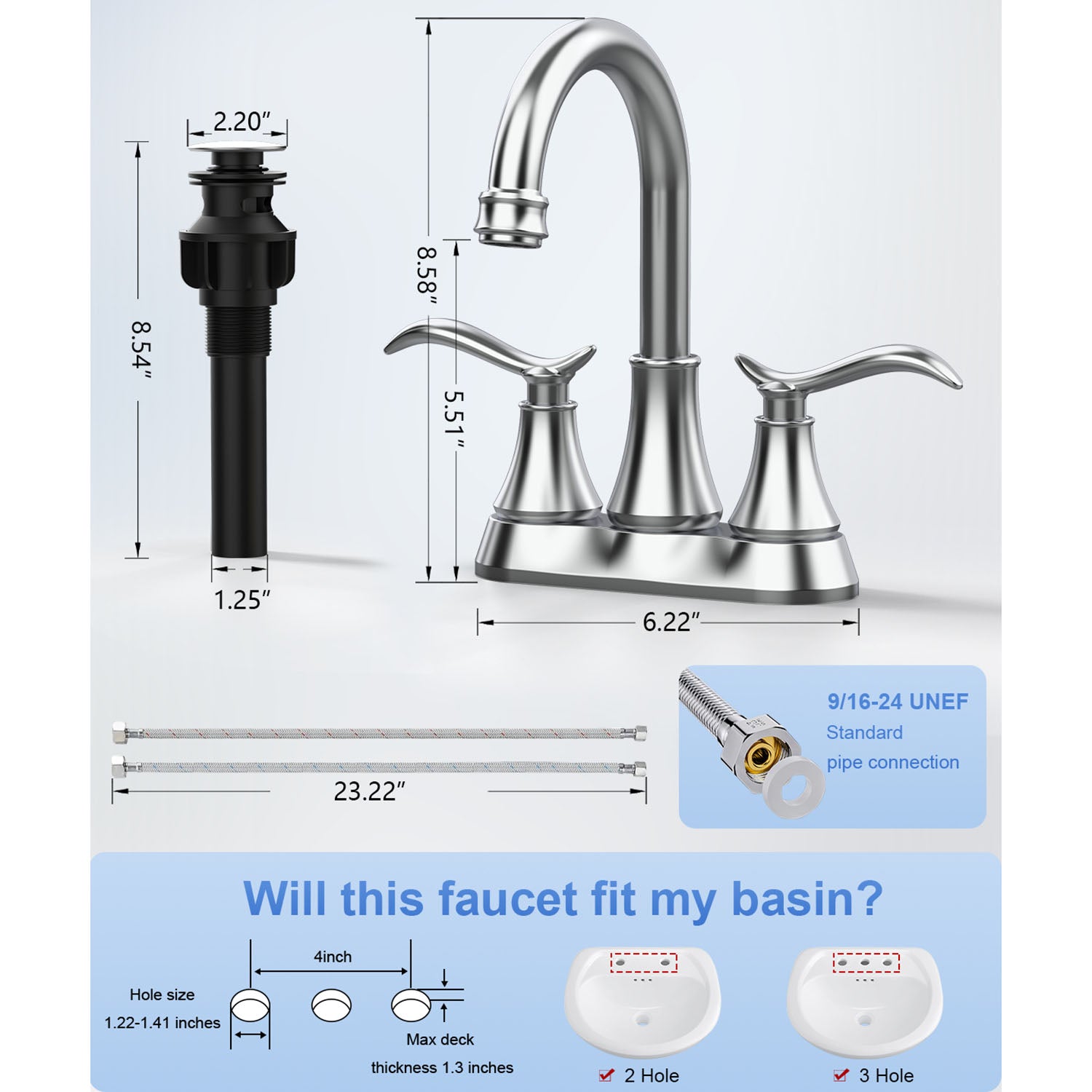 Chrome Bathroom Vanity Sink Faucet with dimensions and compatibility details